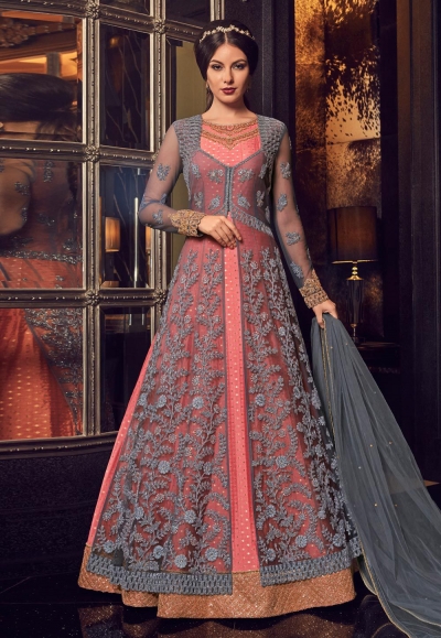 Grey and pink net and chanderi Indian Jacket style anarkali