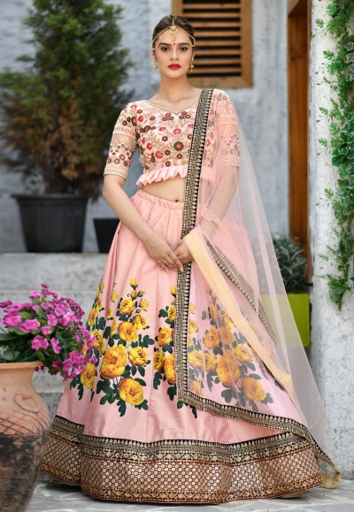 Peach color silk Indian wedding lehenga choli