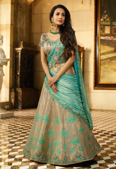 Malaika Arora Khan blue and beige Banarasi silk wedding lehenga