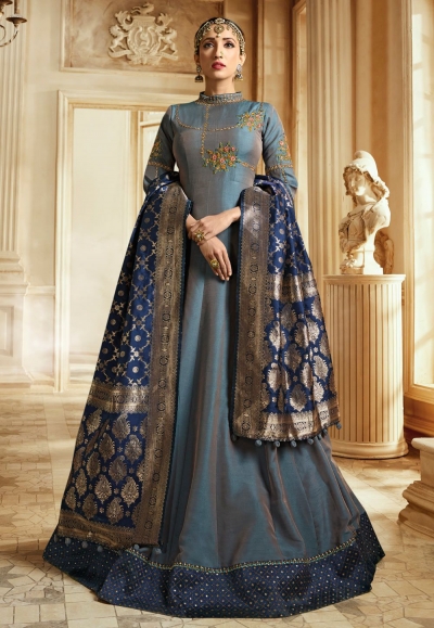 Grey Barfi silk Indian Wedding anarkali