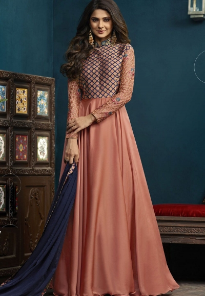 Chewing Gum Peach Paneled Georgette Skirt Anarkali Suit