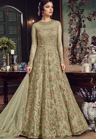 Light Green Net Embroidered Floor Length Anarkali Suit 5807B