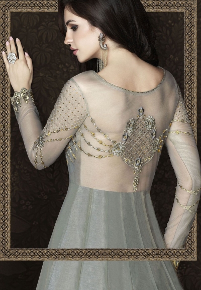 Cream Sparkly Net Embroidered Designer Anarkali Suit