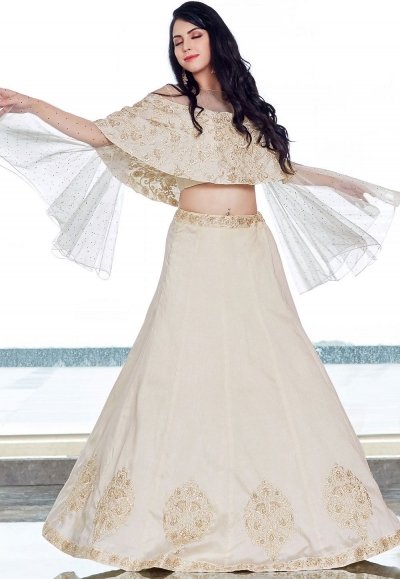 Off White Silk Lehenga Style Anarkali with Ponchu Sleeve 2508