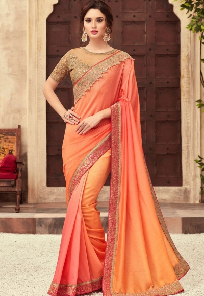 Peach Satin Georgette Party Wear Saree With Border 22010