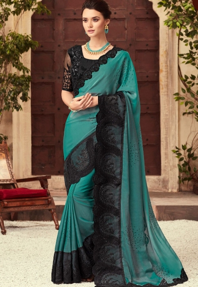 Blue and Black Satin Georgette Party Wear Saree With Border 22007