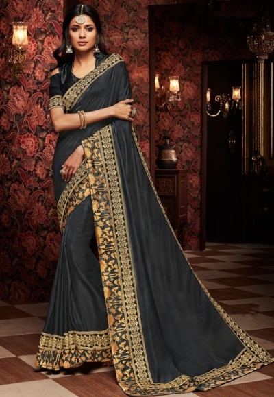 charcoal black saree with silk blouse 1718