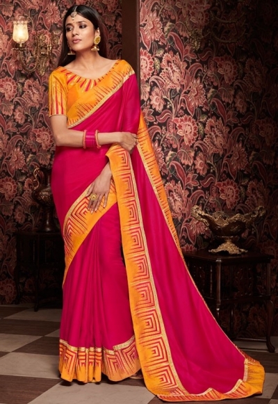 hot rani pink saree with silk blouse 1717