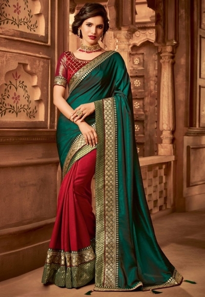 scarlet red and pine green designer silk saree 2310
