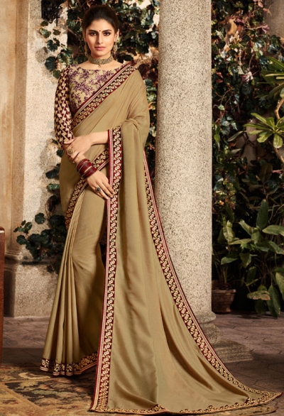 khaki brown saree with embroidered blouse 6166