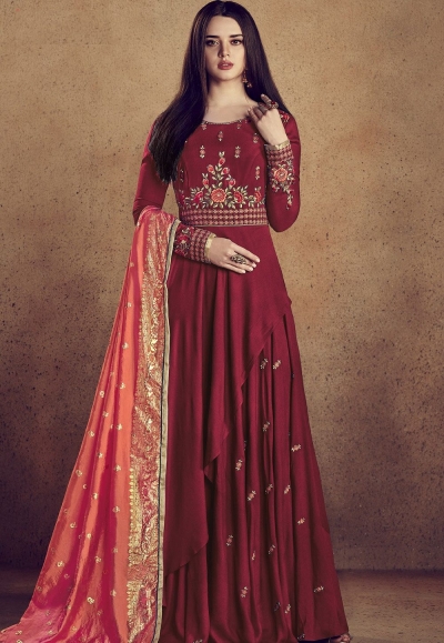 maroon rayon ready made anarkali gown style suit 5009c