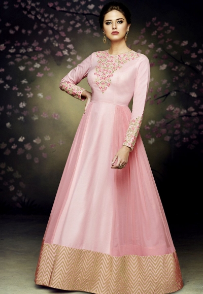 pink satin silk gown style anarkali suit 3075