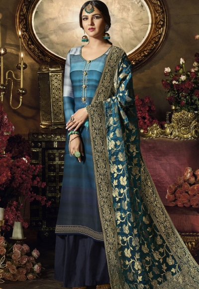 blue satin georgette digital printed sharara style pakistani suit 11046