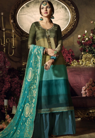 green blue satin georgette digital printed sharara style pakistani suit 11044