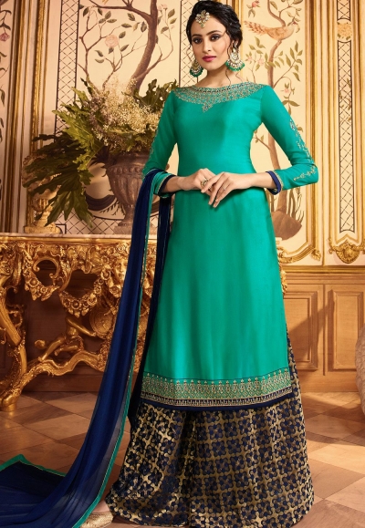blue embroidered satin georgette sharara style pakistani suit 15601