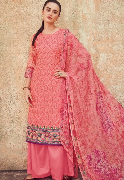 pink cotton satin embroidered daman work and digital printed palazzo suit 9037