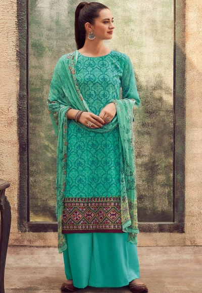 blue cotton satin embroidered daman work and digital printed palazzo suit 9030
