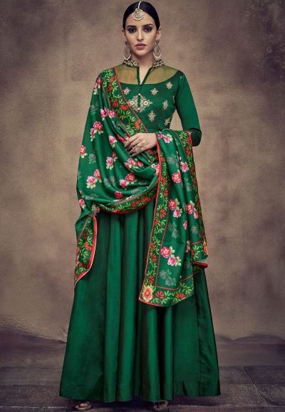 dark green tapeta and satin silk embroidered readymade anarkali gown 39014