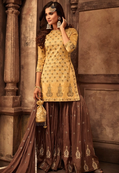 mustard brown georgette satin embroidered sharara style pakistani suit 29005