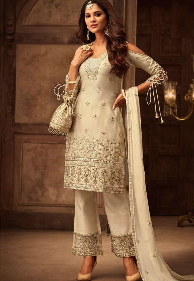 off white georgette satin embroidered trouser style suit 29003