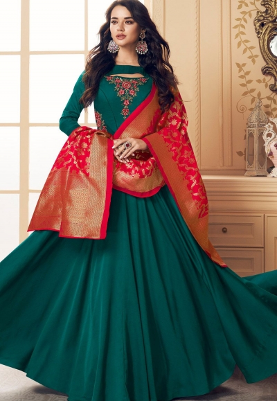 turquoise satin long embroidered gown style suit 5018