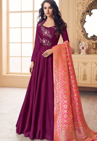 purple satin long embroidered gown style suit 5016