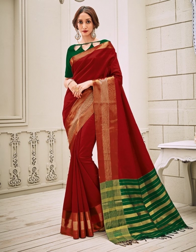 Aamilah Currant Red Festive wear cotton saree