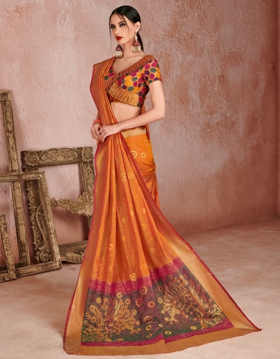 Kaya Peppy Orange Designer Wear Cotton Saree