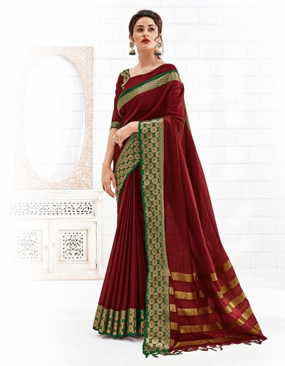 Bavitha Currant Red Festive Wear Cotton Saree