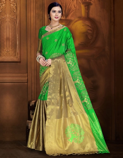 Aryaa Aabha Lush Green Festive Wear Cotton Saree