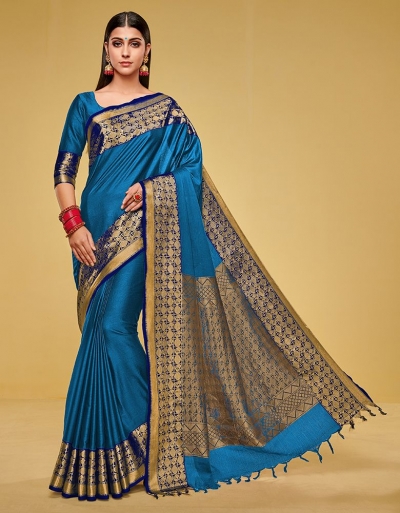 Kanisha Peacock Blue Cotton Saree