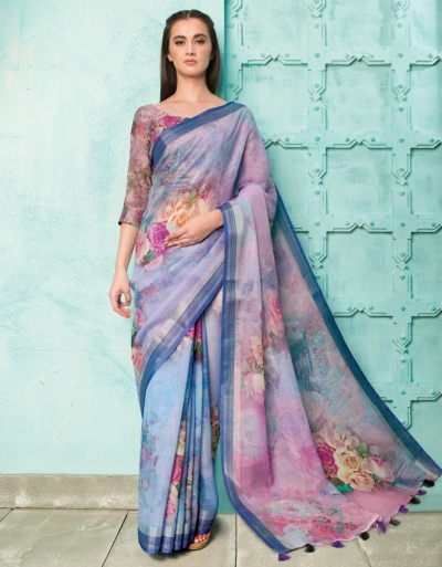 Neisha Iris Purple Linen Printed Saree
