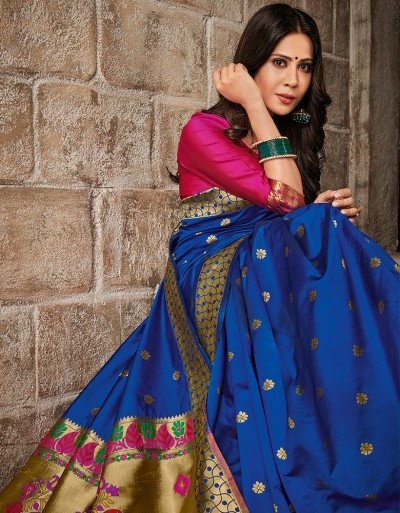 Mayil Weaved Floral Motif Sapphire Blue Saree