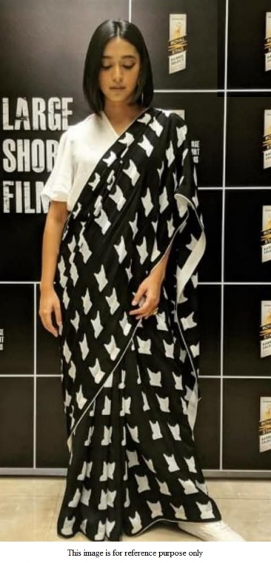 Bollywood Model black and white satin silk print saree