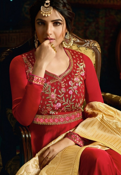Wine Real Georgette Floor Length Anarkali Suit main image 1