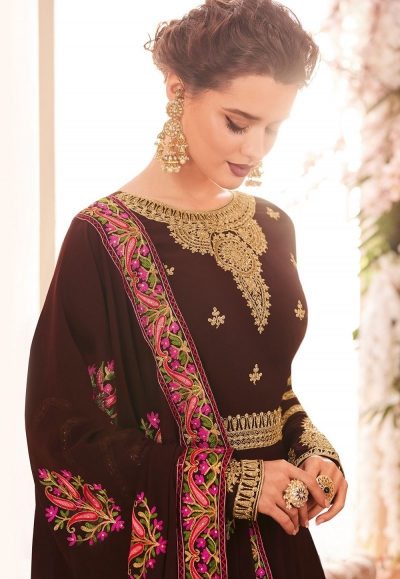Saisha Brown Georgette Flared Anarkali Suit Set