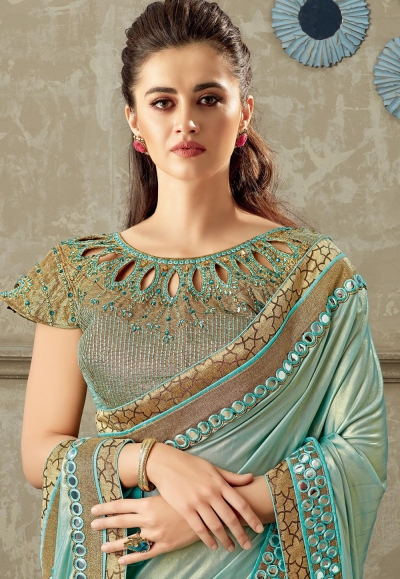 Snuggle Spot Women's Lycra Solid Saree With Unstitched Blouse (Nay Blue, 5.5 Mtr)