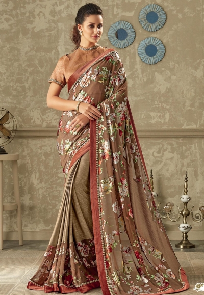 brown printed lycra saree with art silk blouse 10702