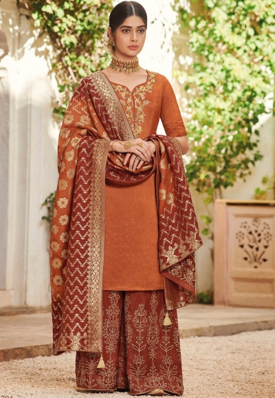 orange elegant silk embroidered palazzo style pakistani suit 704