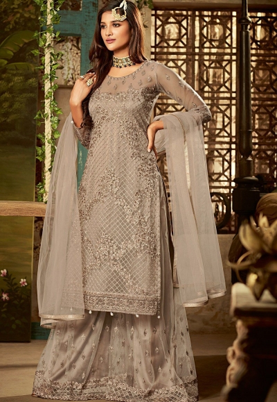 grey net embroidered sharara style pakistani suit 61002