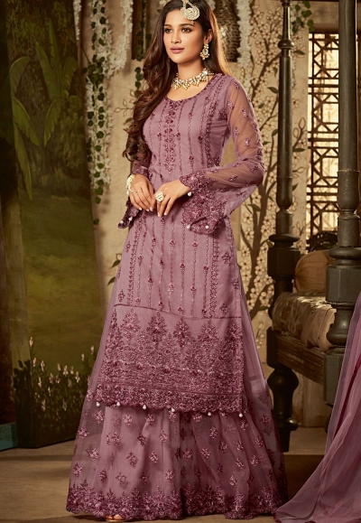 mauve shade net embroidered sharara style pakistani suit 61001
