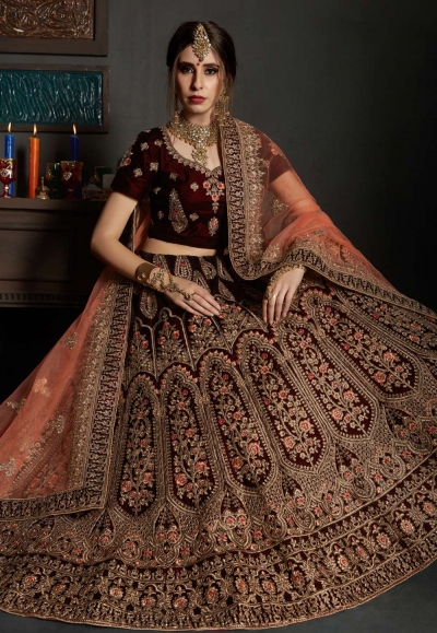 Maroon Velvet  Lehenga Choli-1