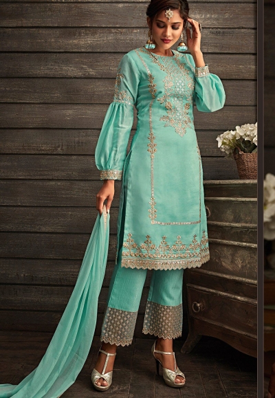 sky blue georgette embroidered straight trouser style suit 30006
