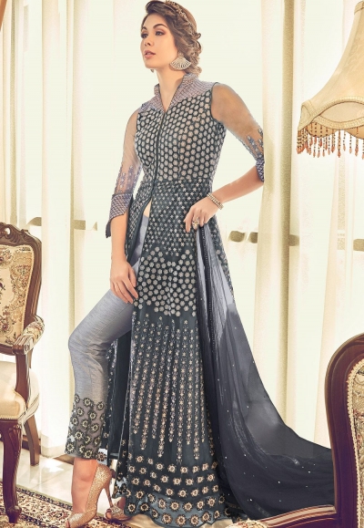 steal grey net embroidered trouser style designer suit 6009