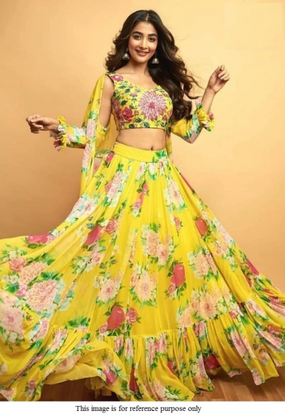 Bollywood Pooja Hegde yellow georgette frill lehenga
