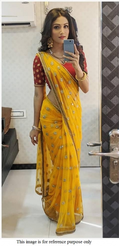 Bollywood model yellow and red georgette deisgner saree