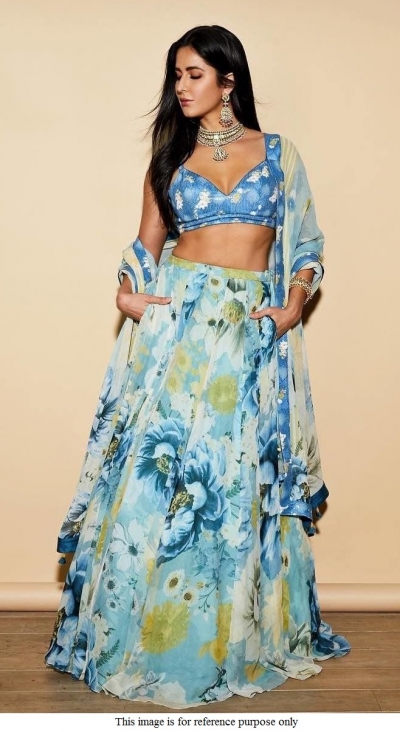 Bollywood Katrina Kaif blue floral crepe lehenga choli