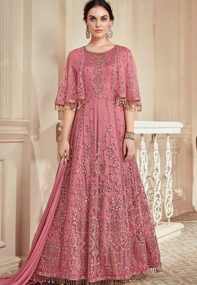 pink heavy net embroidered long designer anarkali suit 907