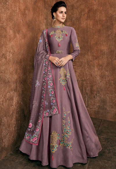 mauve rayon long embroidered indowestern anarkali suit 39034