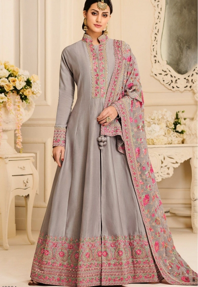 grey silk embroidered long anarkali suit 40004